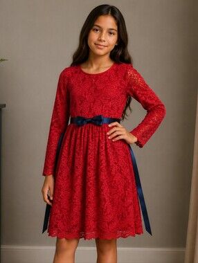 Elegant Red Lace Kids Dress with Bow
